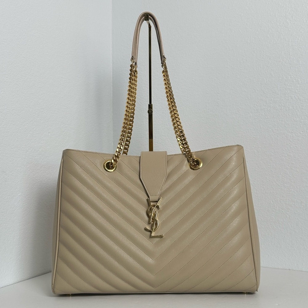 Saint Laurent YSL Monogram Chevron Shopping Tote – Beige with Gold Hardware - Picture 12 of 17